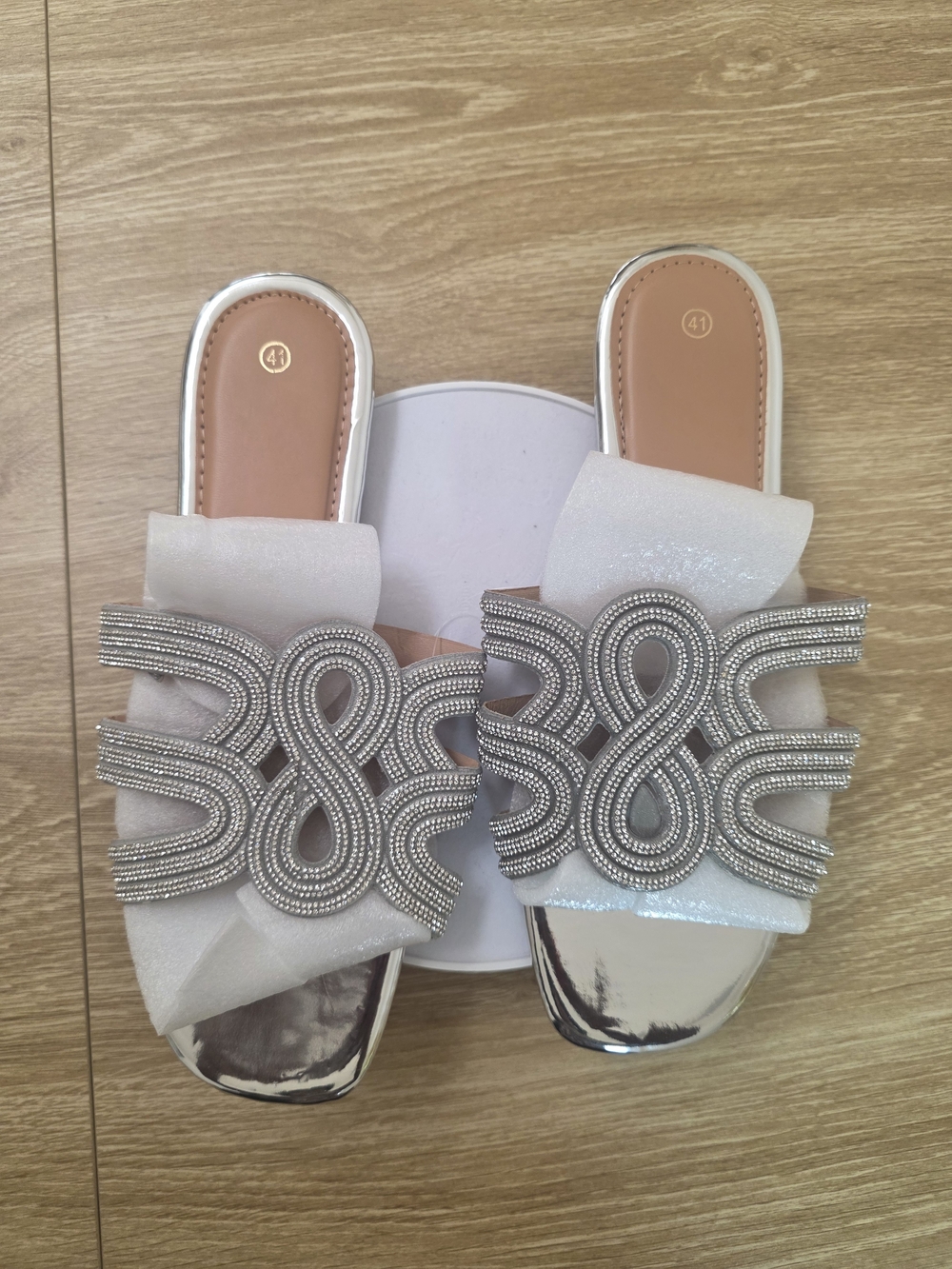 Women's Silver Embellished Slide Sandals